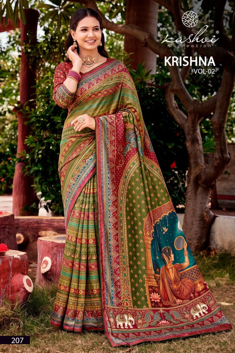 Krishna Vol 2 By Kashvi Chocolate Digital Print Glass Work Saree 